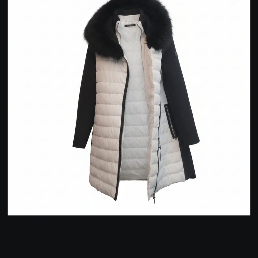 Calvin Klein Black & White Two-Tone Down Puffer Coat with Fur Trim